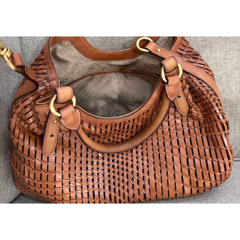 Cole Haan Woven Leather Hobo Bag Cognac Brown Satchel Gold Hardware - Picture 11 of 11